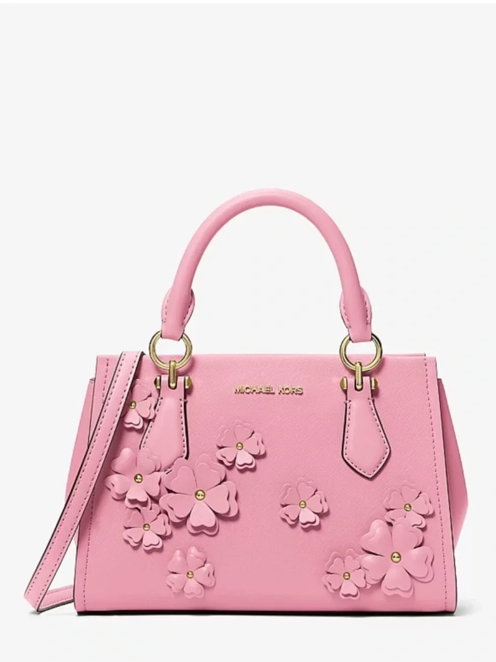 Michael Kors Pink Floral Applique Satchel with Gold Hardware